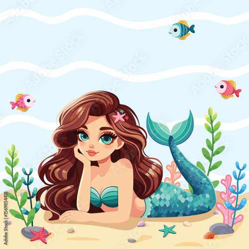 A beautiful mermaid with beautiful eyes lies on the sand with sea plants and fish on blue background. Vector illustration in flat cartoon style