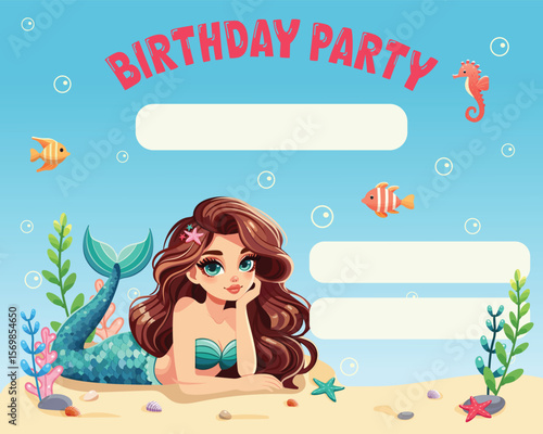 Birthday invitation with beautiful mermaid with lies on the sand with sea plants and fish on blue background. Vector illustration in flat cartoon style