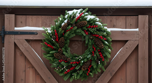 A photorealistic image of a rustic, weathered brown barn door adorned with a large, lush Christmas wreath, lightly dusted with snow under soft, overcast winter daylight.
