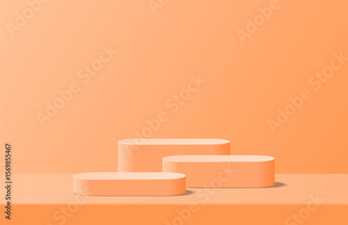 Abstract realistic orange 3d round podium placed on desk table pedestal in studio room. Minimal scene for product display mockup. Vector geometric platform design. 3d vector rendering. Promotion stage
