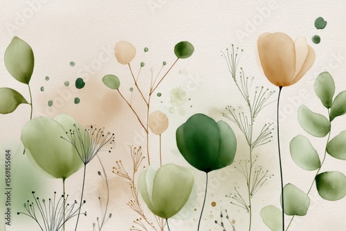 A calming blend of beige and green florals in watercolor art.