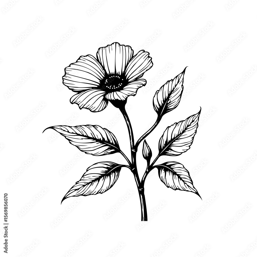Fototapeta premium Detailed botanical illustration showcasing a delicate flower with intricate leaf details in elegant black and white