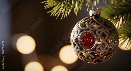 An extreme close-up macro photo of a single, intricate, vintage-style glass ornament hanging on a pine branch, reflecting warm, out-of-focus room lights.
