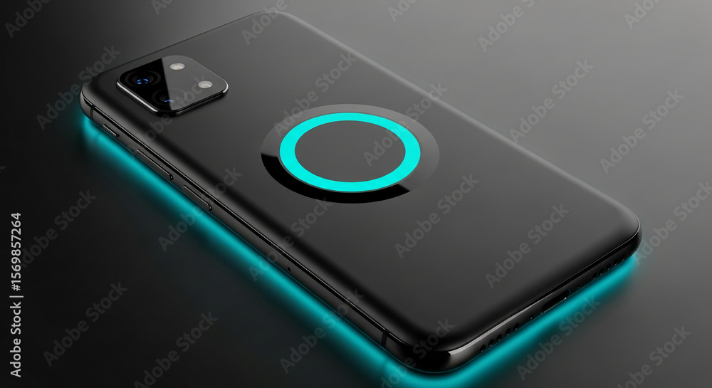 custom made wallpaper toronto digitalBlack smartphone with triple camera and glowing cyan wireless charging circle, showcased on dark background, symbolizing modern technology and seamless charging