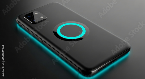Wallpaper Mural Black smartphone with triple camera and glowing cyan wireless charging circle, showcased on dark background, symbolizing modern technology and seamless charging Torontodigital.ca