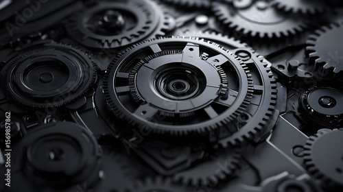 Detailed close up of intricate interlocking gears and cogs, creating a complex mechanical system with depth and precision in a monochromatic industrial aesthetic.