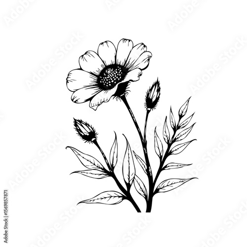 Elegant monochrome floral illustration featuring a delicate flower blossom with surrounding foliage and unopened buds botanical art for creative projects