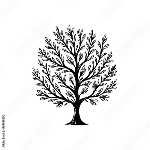 Elegant tree vector illustration showcases a stylized arboreal silhouette with intricately designed leaves for decorative purposes