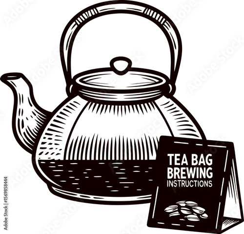 Vintage hand drawn teapot with tea bag brewing instructions packet engraved black and white illustration