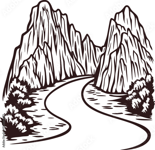 Hand drawn mountain landscape with river and trees in vintage sketch engraving isolated on white background