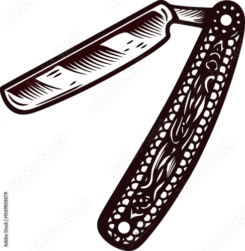 Vintage hand drawn straight razor with ornate handle isolated on white background illustration
