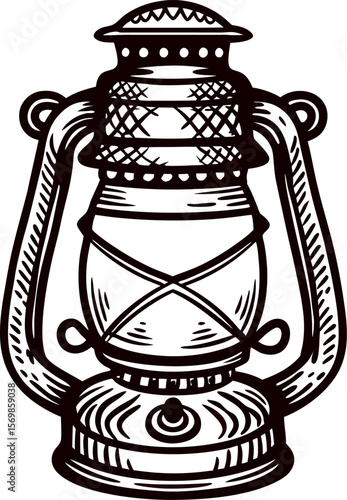 Vintage engraved kerosene lantern illustration with classic metal frame and glass chamber hand drawn antique lamp art