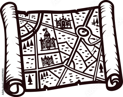 Vintage hand drawn city map scroll with buildings, parks, and roads in engraved sketch illustration