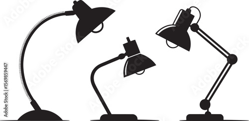 Desk Lamp Icon Set – Black Vector Silhouettes of Adjustable Table Lamps for Office and Workspace Design