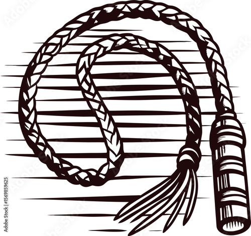 Hand drawn braided leather whip coiled on wooden planks, vintage engraving sketch illustration