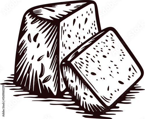 Hand drawn cheese blocks illustration vintage engraved dairy food sketch showing two wedges with textured surface