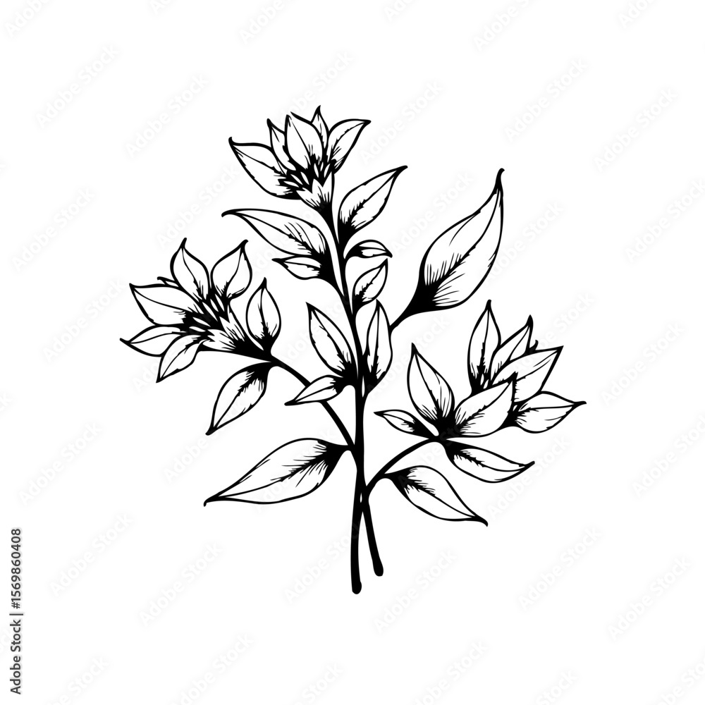 Naklejka premium Elegant floral illustration with delicate flowers leaves and stems creating a nature inspired composition