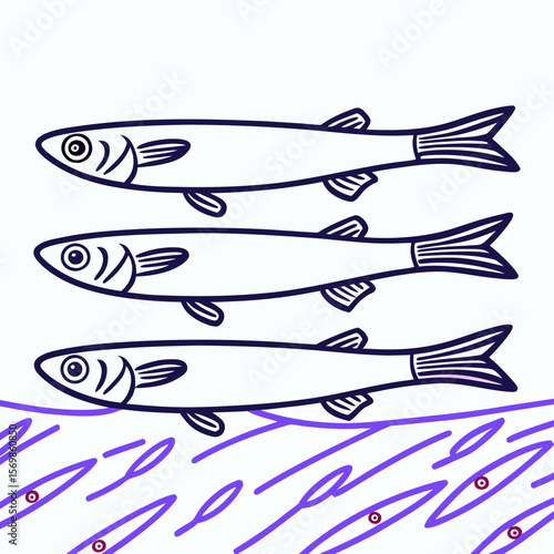 Three Simple Line Drawing Anchovies Swimming