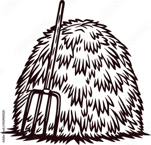 Hand drawn haystack with pitchfork rustic farm tool illustration, vintage agriculture sketch in monochrome
