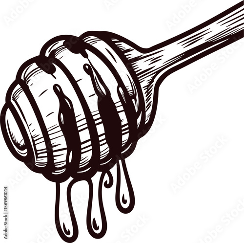 Hand drawn illustration of wooden honey dipper with dripping honey isolated on white background