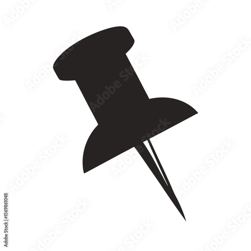 Simple Black and White Push Pin Icon, Minimalist Office Supply Graphic, Isolated on White Background, Vector Illustration, Sharp Point, Flat Design, Business Concept.