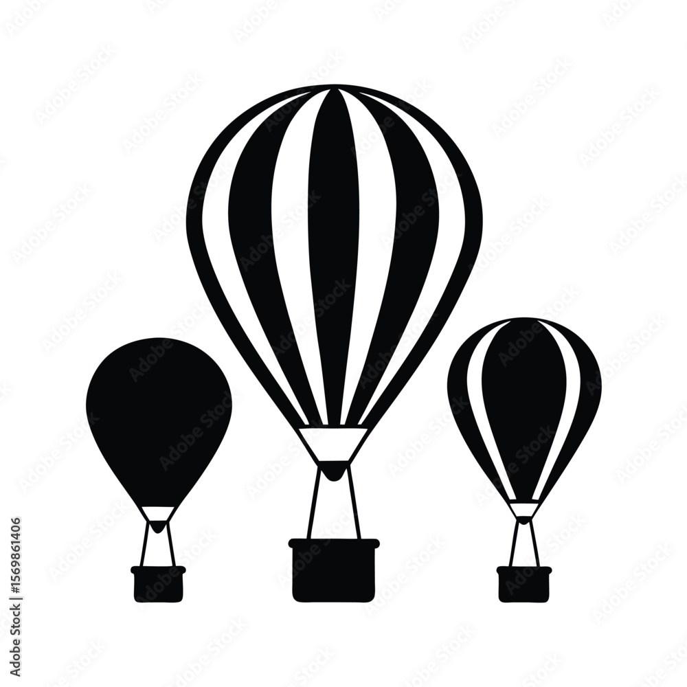 Obraz premium Three black and white striped hot air balloons, minimalist design, symbolic of adventure and travel.