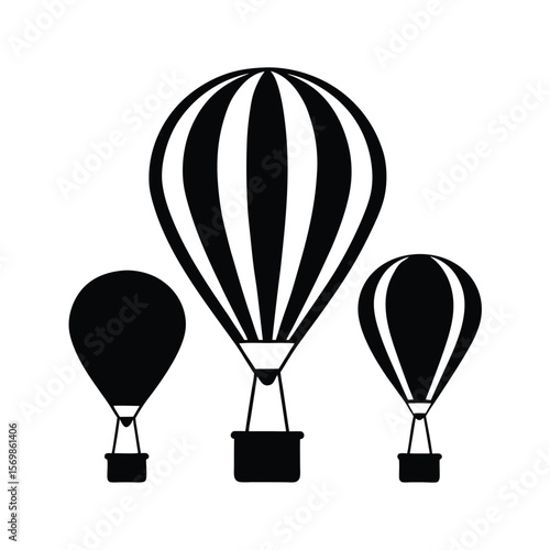 Three black and white striped hot air balloons, minimalist design, symbolic of adventure and travel.