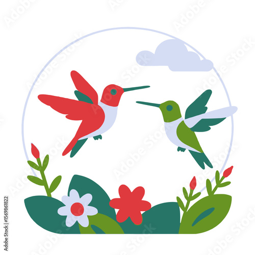 Two Cute Hummingbirds in Flight-Colorful Bird Illustration with Flowers and Leaves-Nature Inspired Graphic Design-Perfect for Kids and Spring Themes