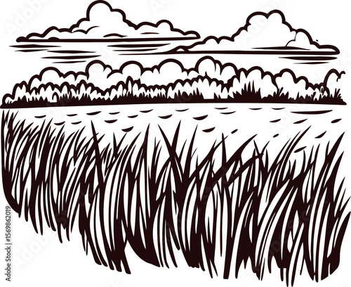 Hand drawn landscape with tall grass, cloudy sky, and forest silhouette in vintage engraved