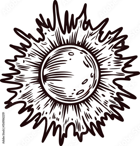 Retro hand drawn sunburst illustration with vintage rays and solar flare in engraved