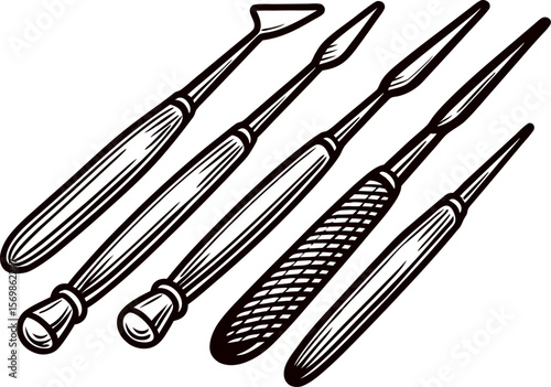 Hand drawn vintage sculpting tools set with wooden handles illustration isolated on white background