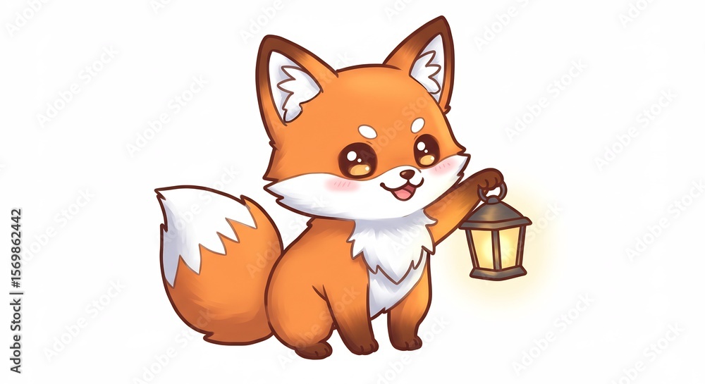 Obraz premium 可愛い狐の赤ちゃん 暖かい光灯提灯持ち歩く. AI Generated