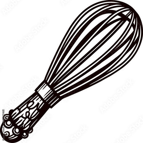 Hand drawn vintage wire whisk isolated on white detailed kitchen utensil illustration with ornate handle