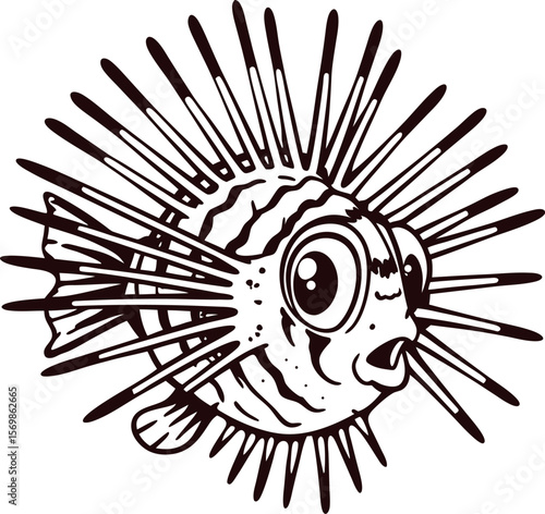 Hand drawn illustration of a spiky pufferfish with expressive eyes on white background