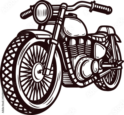 Vintage hand drawn cruiser motorcycle perspective illustration in black and white retro engraved
