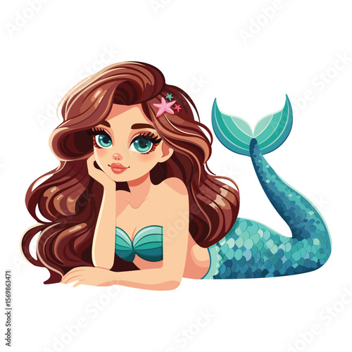 A beautiful mermaid with beautiful eyes lies on white background. Vector illustration in flat cartoon style