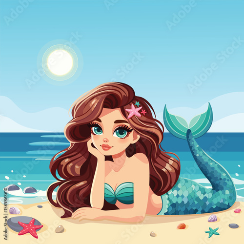 Beautiful cute mermaid with beautiful eyes lies on the beach with seashells and pebbles. Vector illustration in flat cartoon style