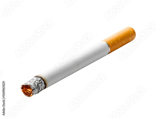 A studio shot captures the stark reality of a lit cigarette, with its burning ember and paper, isolated on a white background