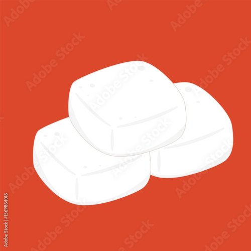 White Tofu vector. Tofu cartoon style isolated on red background. Vegetarian nutrition, healthy food.