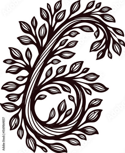 Ornate letter g with swirling branches and leaves botanical vintage decorative alphabet element illustration