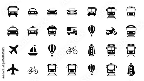 Various modes of transportation are displayed as black icons isolated on white background