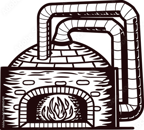 Hand drawn vintage distillery furnace with brick dome and winding pipes isolated on white retro engraved illustration