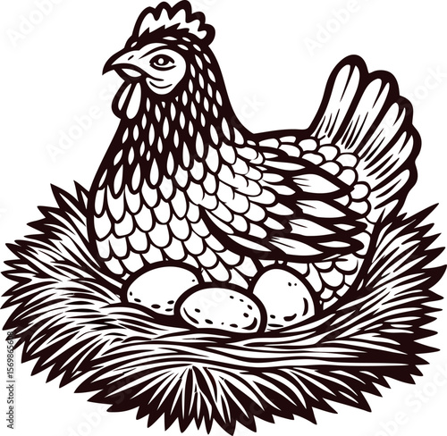 Hand drawn hen sitting on nest with eggs vintage engraved farm chicken illustration in black and white