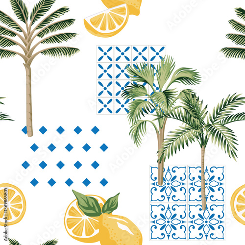 Palm tree, lemon fruit, Italian tile seamless pattern. Summer tropical print.