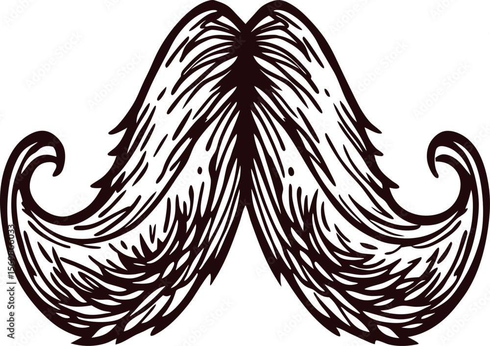 Obraz premium Hand drawn vintage curled mustache illustration with ornate detailing and textured shading design