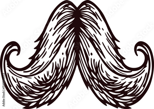 Hand drawn vintage curled mustache illustration with ornate detailing and textured shading design