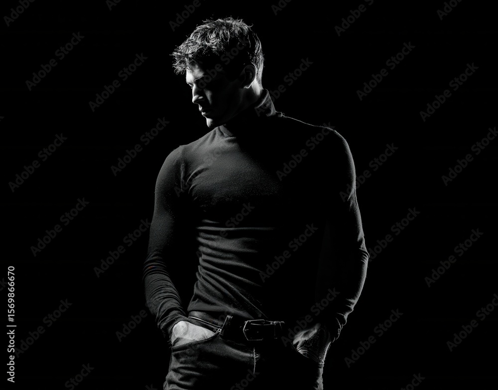 Naklejka premium Monochromatic portrait of a man in a turtleneck sweater with hands in his pockets, looking downwards.