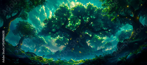 Wallpaper Mural A large tree stands in a vibrant, magical forest with glowing lights Torontodigital.ca