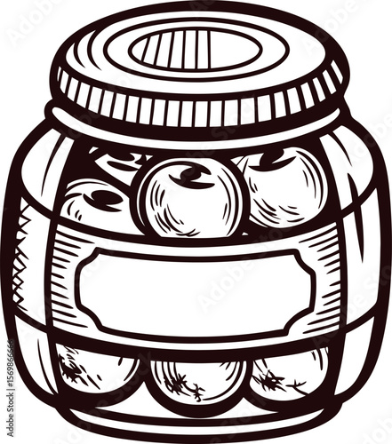 Hand drawn jar of preserved cherries vintage with blank label illustration