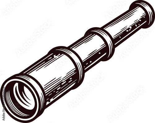 Vintage engraved illustration of a hand drawn brass telescope isolated on white background